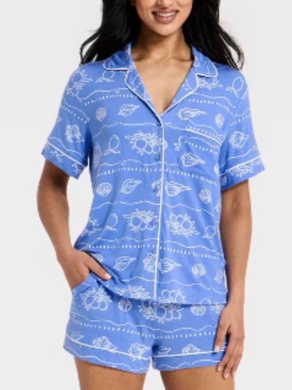 Blue and White Seashell Nautical Print Short Sleeve Shirt & Shorts Pajama Set XL